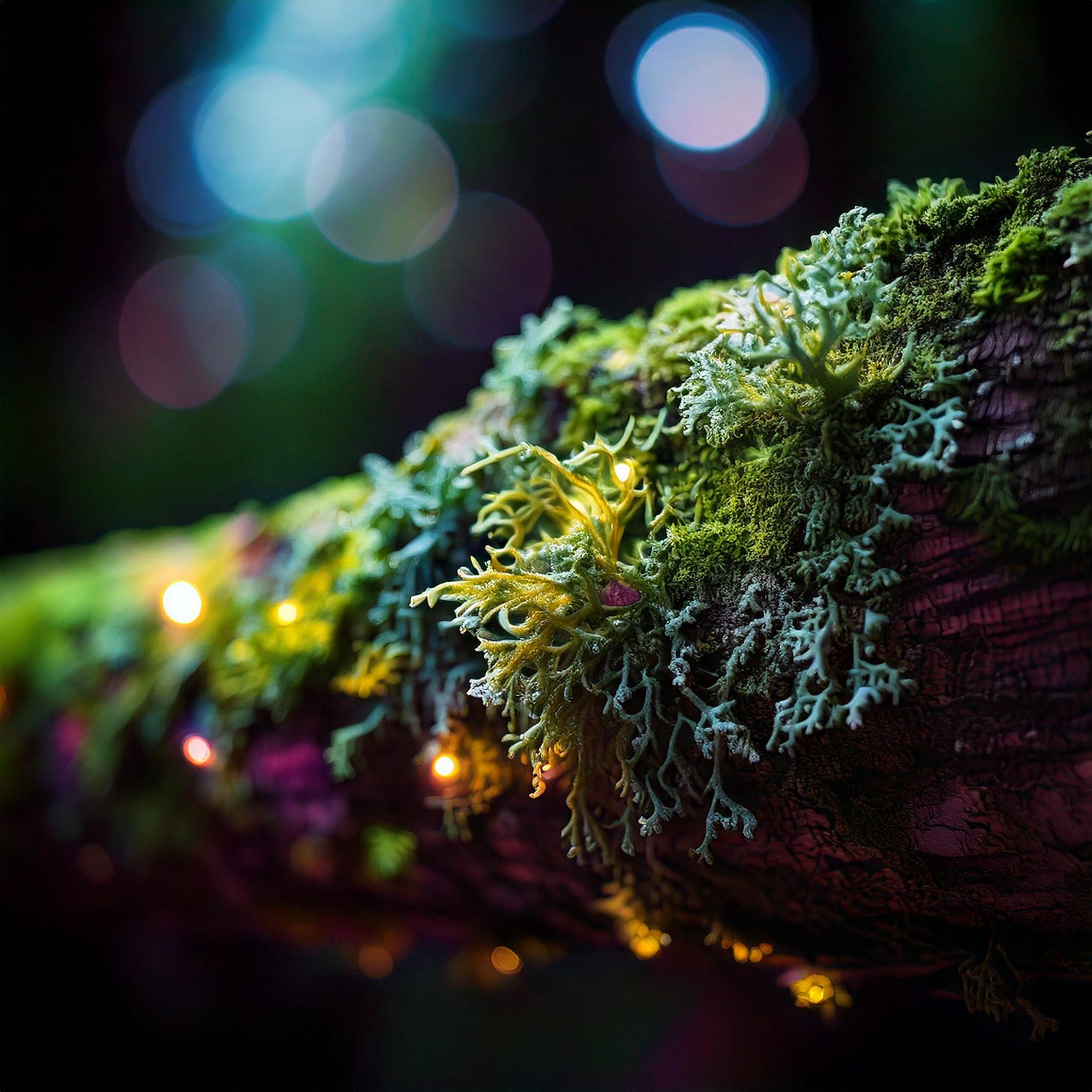 An photo of lichen on the branch of a tree in a Cornish rainforest, shallow depth of field, colourised. AI (Firefly) augmented to add points of light which cast an ethereal light.