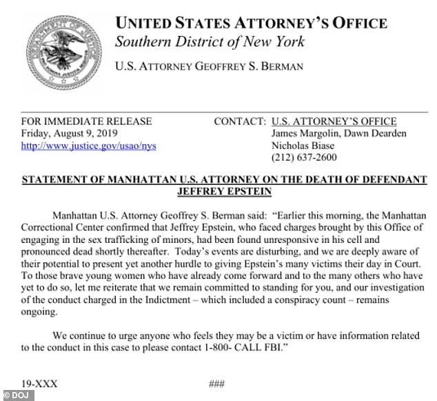 The press release from the US Attorney's Office regarding the death of Jeffrey Epstein includes a statement from District Attorney Geoffrey S. Berman.