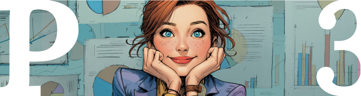 Illustration of a smiling woman in a purple jacket resting her chin on her hands, with charts behind her, symbolizing AI collaboration and data-driven analysis.