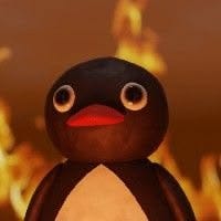 This may contain: a cartoon penguin standing in front of a fire This may contain: a cartoon penguin standing in front of a fire