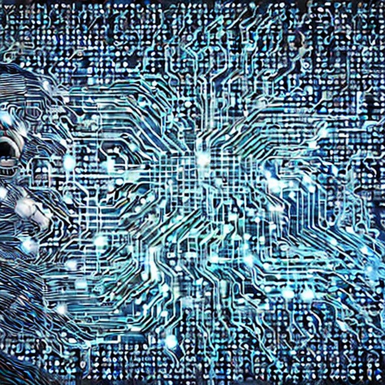 An AI generated image of 'artificial intelligence' that resembles a blue computer chip in a really messy manner