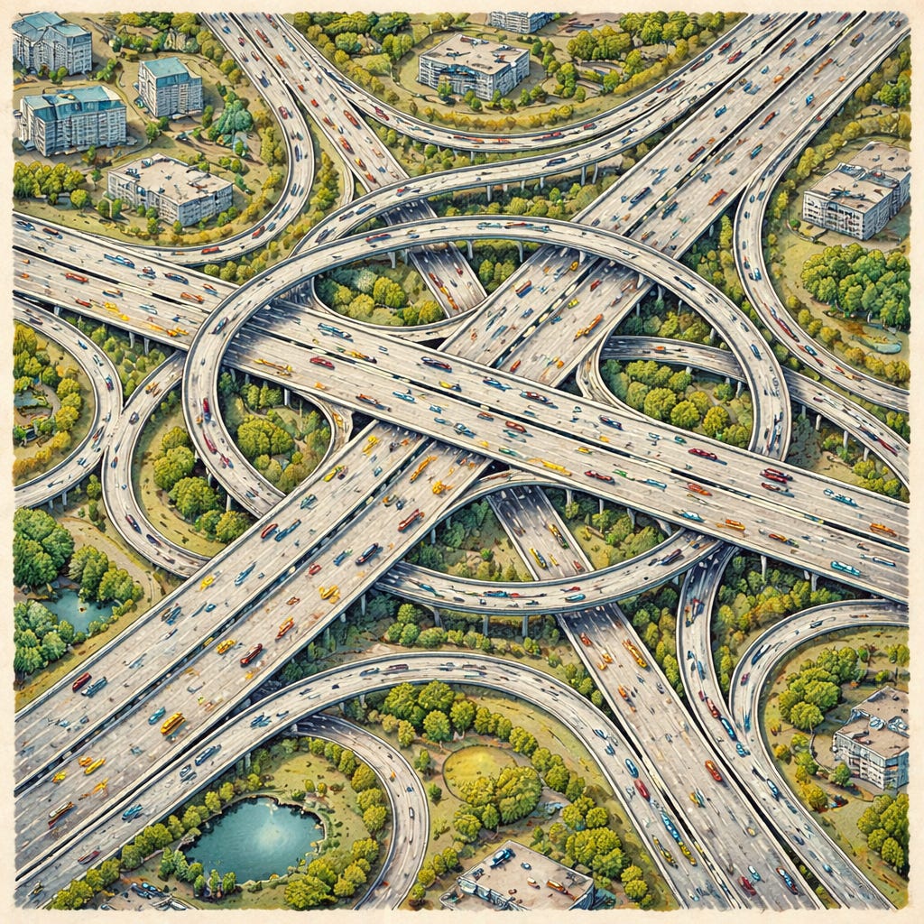 A large highway interchange where traffic flows smoothly through layered loops, forming a coherent system that grows more complex while losing connection to its original constraints. A large highway interchange where traffic flows smoothly through layered loops, forming a coherent system that grows more complex while losing connection to its original constraints.