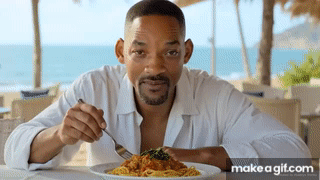 Side-by-side GIFs of AI-generated videos of Will Smith eating spaghetti from 2023 and 2025.