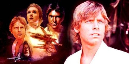 Luke Skywalker in A New Hope and a poster for the first Star Wars film Luke Skywalker in A New Hope and a poster for the first Star Wars film