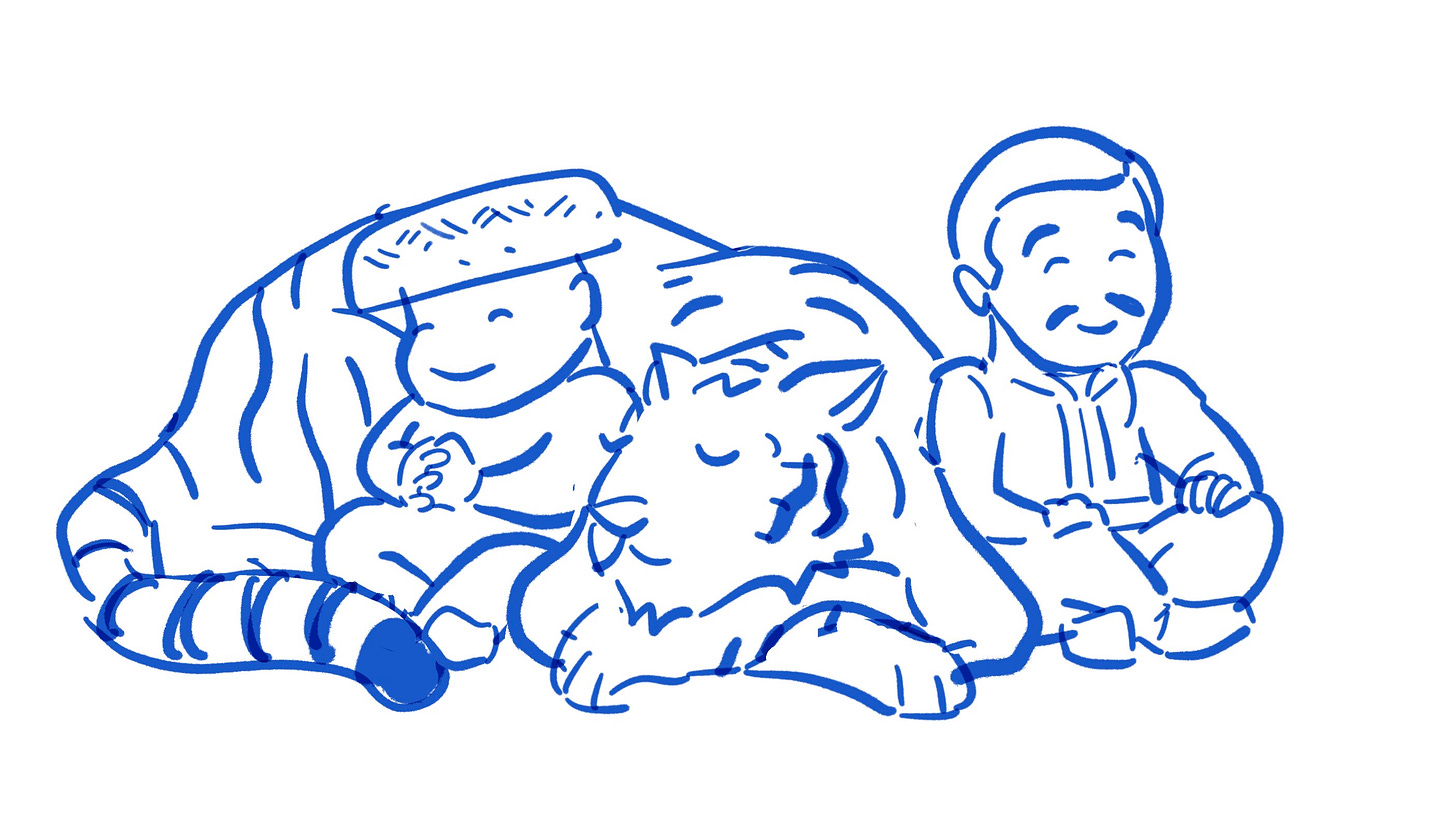 Digital ink drawing of the tiger and human brothers. 