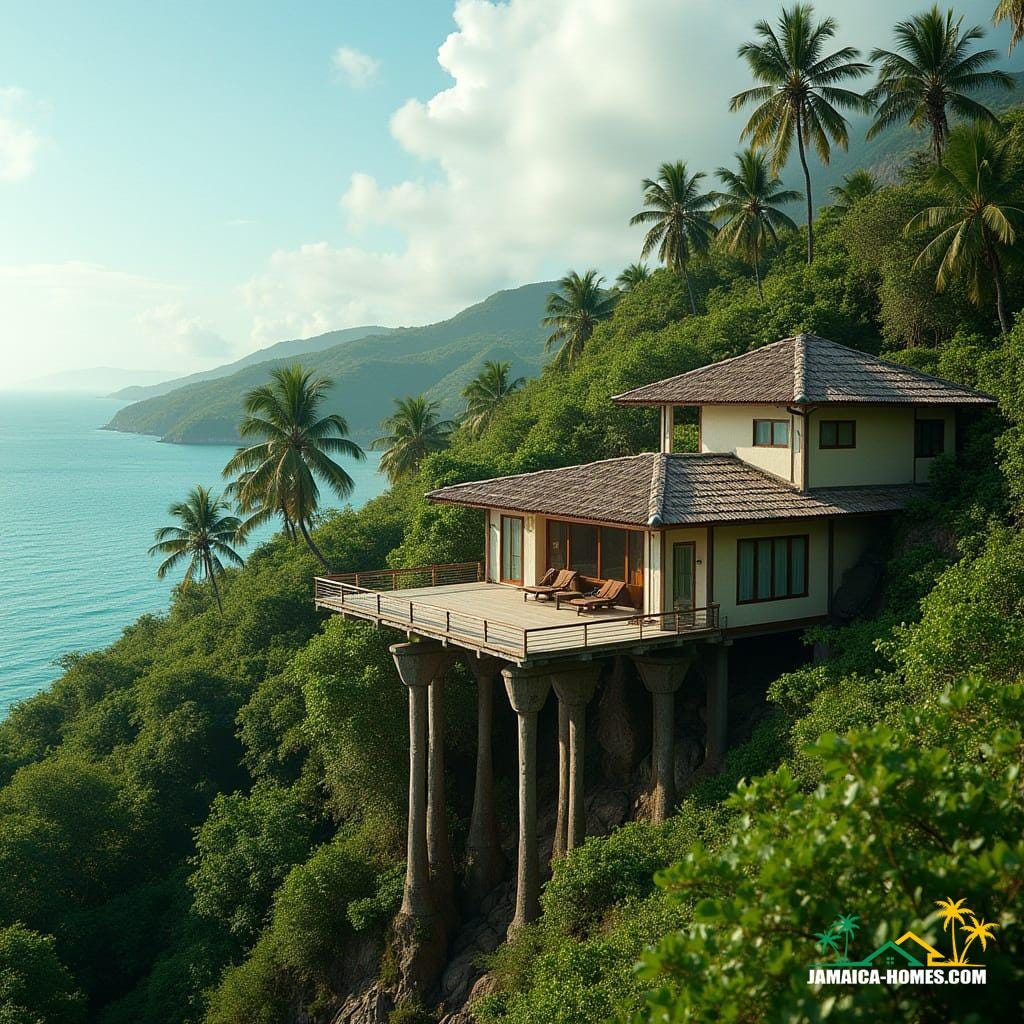 A Jamaican hillside villa elevated on sturdy stilts, showcasing its flood-proof foundation, set against a lush, vibrant backdrop of emerald hills, swaying palms, and a distant turquoise sea. The camera captures a wide-angle, cinematic vista, evoking a sense of grandeur and serenity. Inspired by the dramatic lighting of Terrence Malick, the warm, golden tones of Emmanuel Lubezki, and the atmospheric textures of Roger Deakins