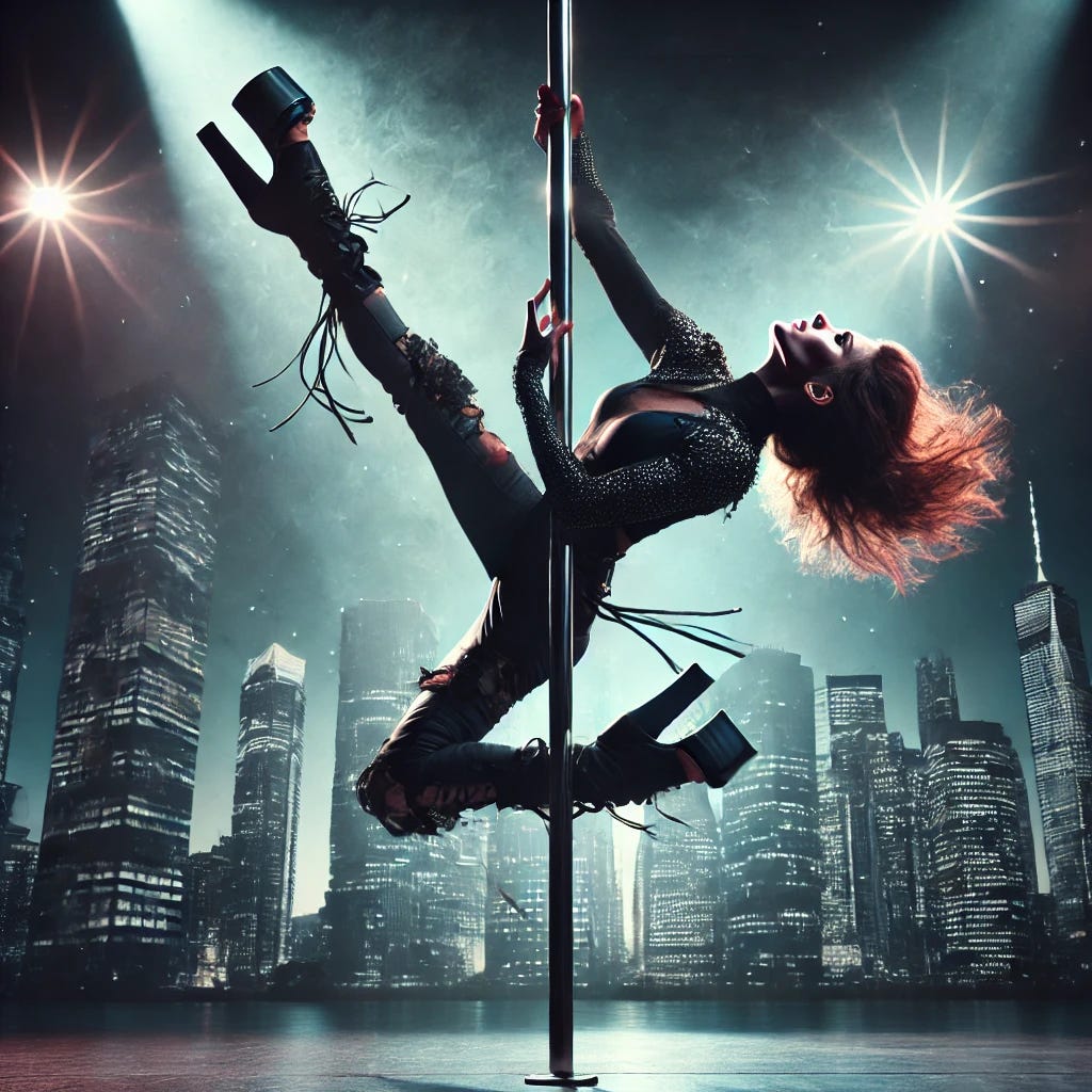 A striking depiction of a Russian female pole dancer performing **Exotic Hard Pole Dance**. She executes a powerful, dynamic move such as a dramatic heel clack or an acrobatic drop, showcasing strength, speed, and precision. She wears a bold, form-fitting outfit with high heels, reflecting the signature style of Russian exotic pole. The background features a moody, high-contrast dance studio with dramatic lighting, creating an intense and captivating atmosphere. The focus is on fierce execution, control, and energy, making it distinct from other pole dance styles.