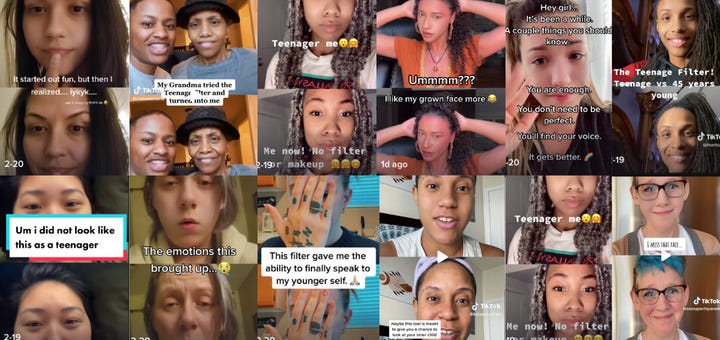 Faces of women of what they look like now compared to a younger version of themselves created by the TikTok app.
