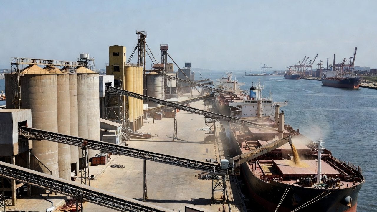 Industrial port facility with grain silos loading bulk cargo ship at harbor Industrial port facility with grain silos loading bulk cargo ship at harbor