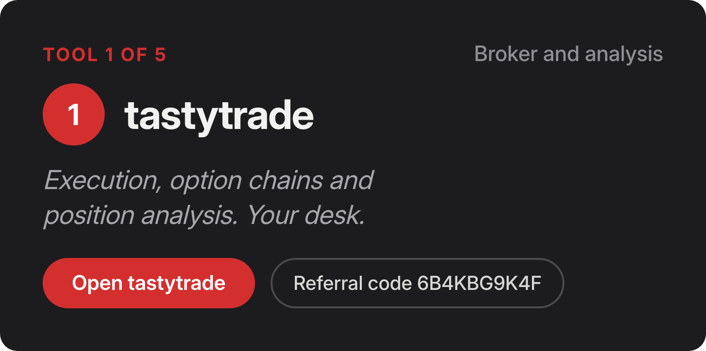 Tool 1 of 5, broker and analysis: tastytrade. Execution, option chains and position analysis. Your desk. Referral code 6B4KBG9K4F. Tool 1 of 5, broker and analysis: tastytrade. Execution, option chains and position analysis. Your desk. Referral code 6B4KBG9K4F.
