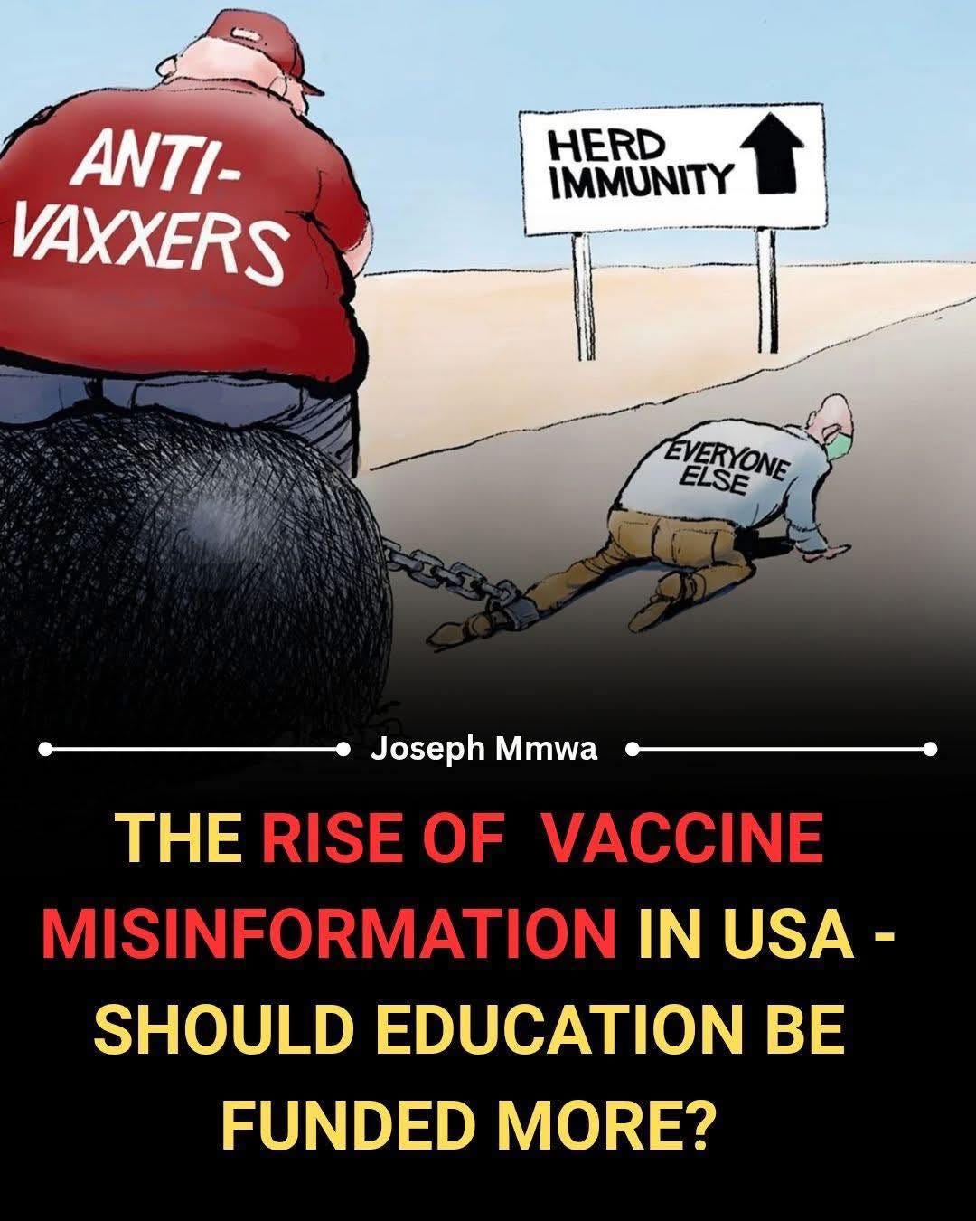 May be an image of text that says 'ANTI- VAXXERS IMMUNITY WERURITY IMMUNITY HERD EVERYONE ELSE Joseph Mmwa THE RISE OF VACCINE MISINFORMATION IN USA- SHOULD EDUCATION FUNDED MORE? BE'