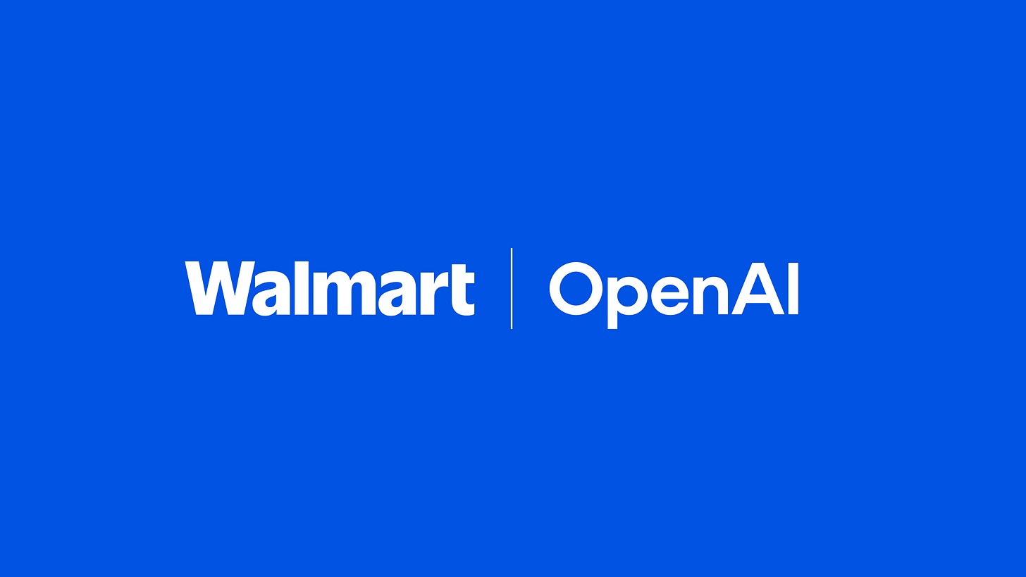 Walmart and OpenAI logos on a solid blue background