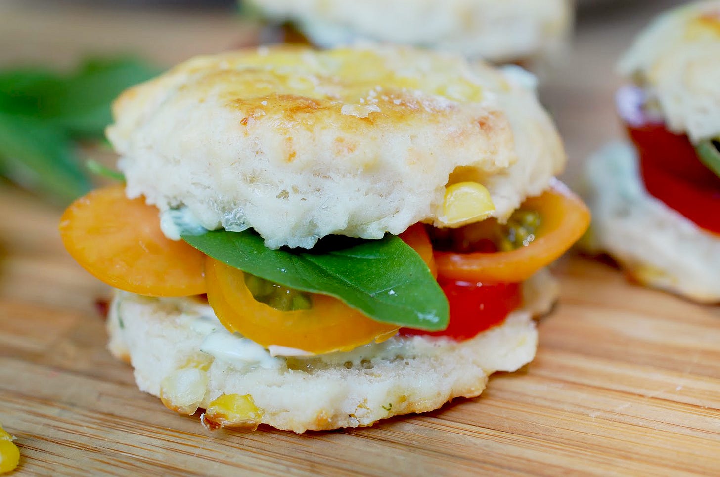 Tomato Party Sandwiches on Fresh Corn Biscuits with Basil Mayo, Cook the Vineyard