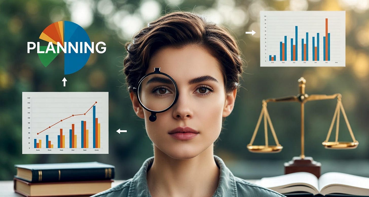 Young woman with a focused expression, viewed through a magnifying lens over her right eye, surrounded by floating icons of critical thinking elements, including pie charts labeled "Planning" and "Critical Thinking," bar graphs for "Reasoning," an open book, a clock, and a balanced scale, symbolizing logic, analysis, and strategic planning for The Lens of Reason.