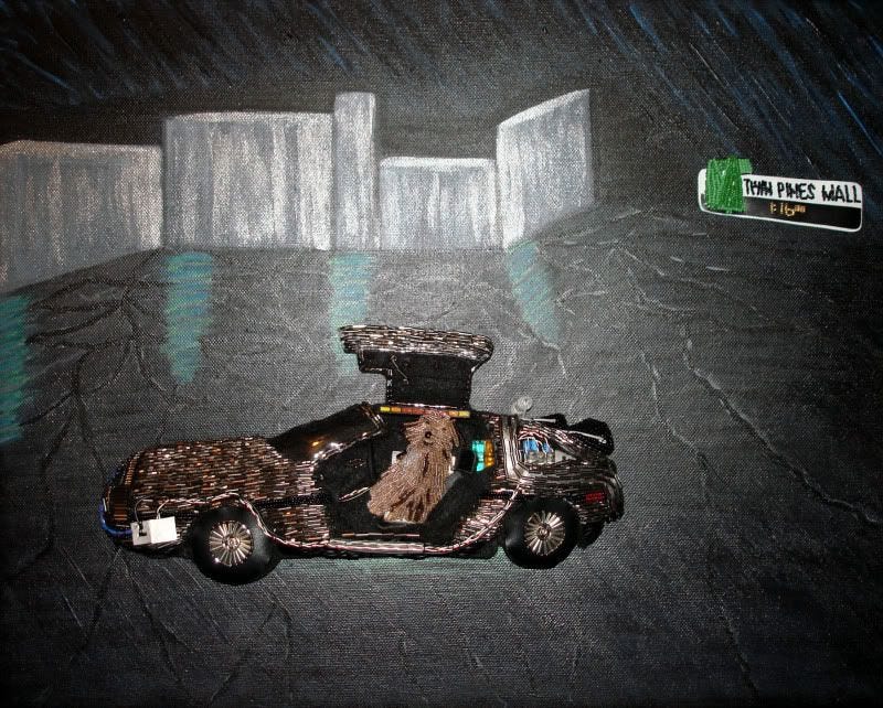 Back to the Future car DeLorean pop art painting beaded Einstein dog Twin Pines Mall Back to the Future car DeLorean pop art painting beaded Einstein dog Twin Pines Mall