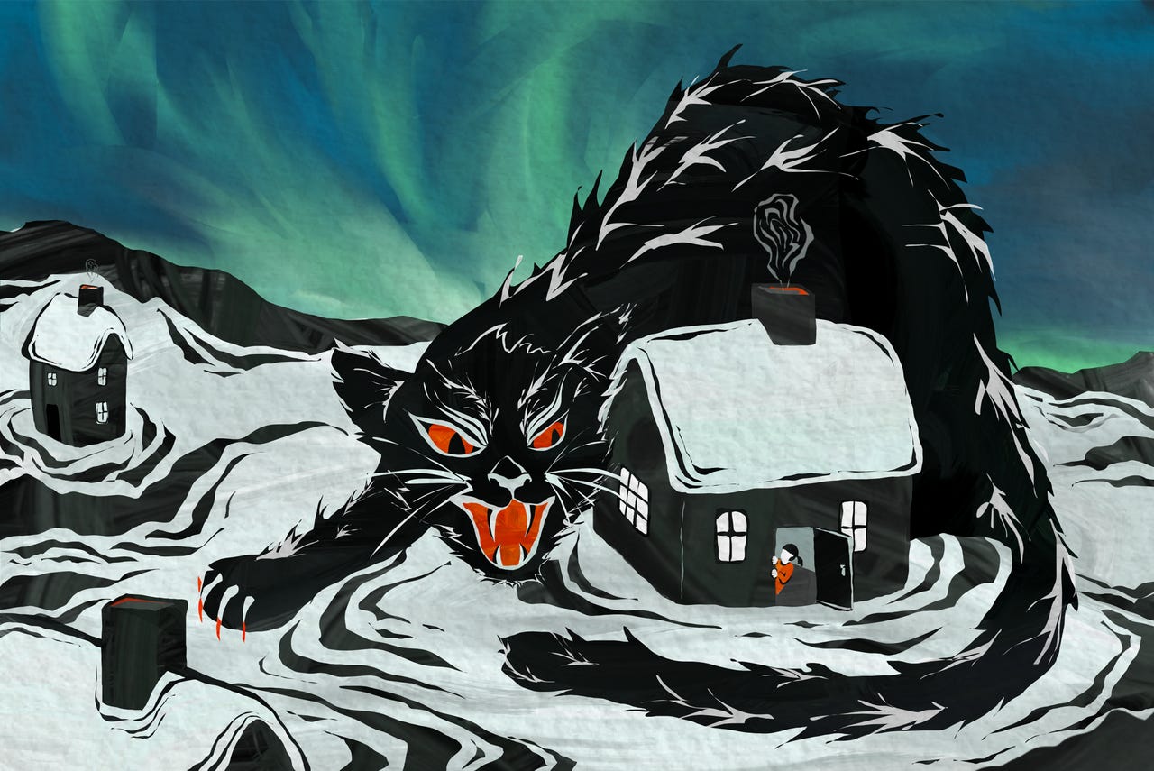 Wood carving style image of a giant cat menacing a house