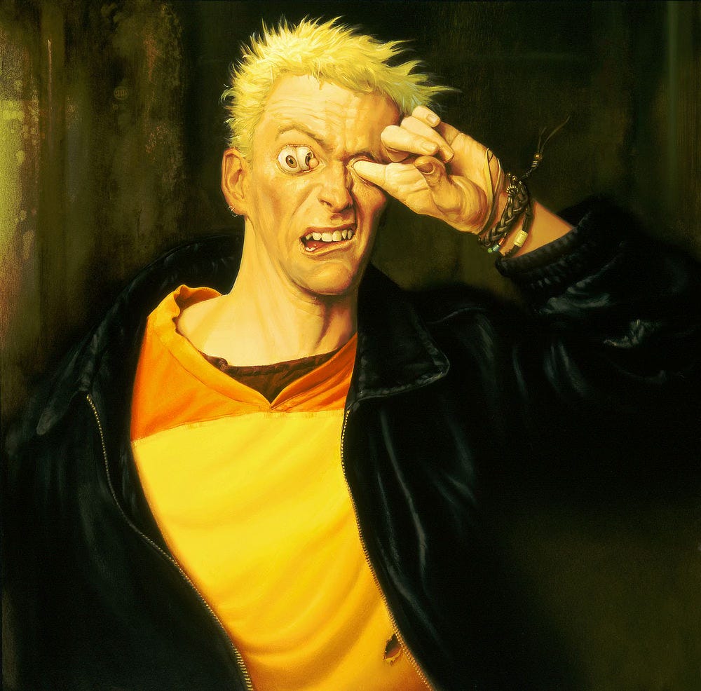 A man with spiky bleach blonde hair and a punk aesthetic pushes his finger through his eye socket to crowd the adjacent orbital with two brown eyes. Squished together the shapes are distorted and no longer round. Leaning into the poke, his face contorts with the gruesome display. His neck is off-center with the collar of his slick leather jacket, which slides down the round of his shoulder. A thick rubber band twists on his wrist which is also adorned with a braided leather cord, a beaded bracelet and more. A man with spiky bleach blonde hair and a punk aesthetic pushes his finger through his eye socket to crowd the adjacent orbital with two brown eyes. Squished together the shapes are distorted and no longer round. Leaning into the poke, his face contorts with the gruesome display. His neck is off-center with the collar of his slick leather jacket, which slides down the round of his shoulder. A thick rubber band twists on his wrist which is also adorned with a braided leather cord, a beaded bracelet and more.
