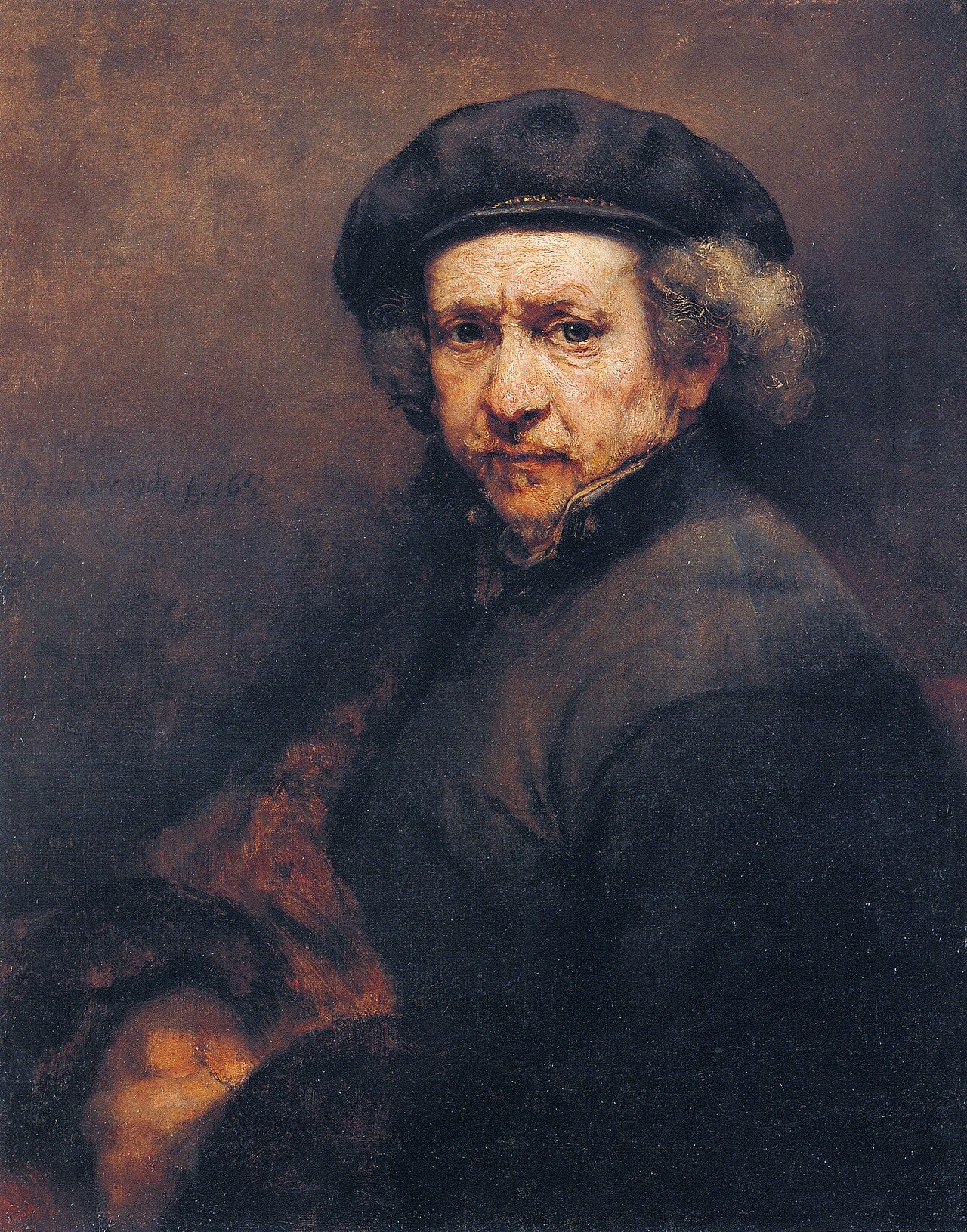 An ageing Rembrandt holds his palette and brushes before two mysterious circles on the wall An ageing Rembrandt holds his palette and brushes before two mysterious circles on the wall
