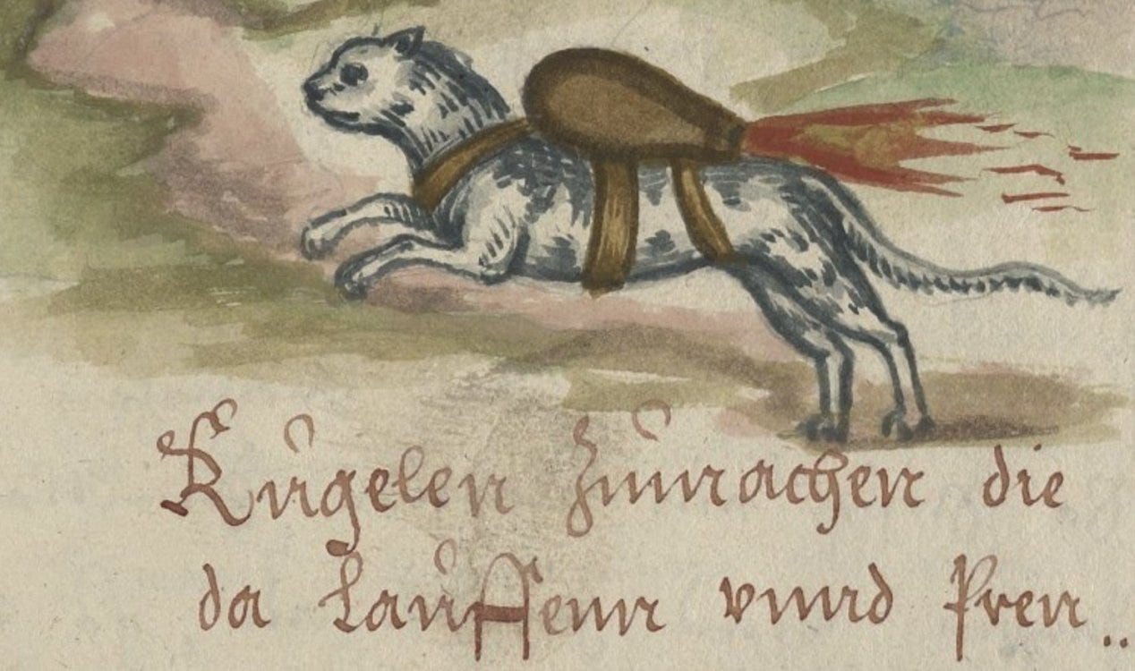 Por que esta ilustração do século XVI mostra um gato com um propulsor a jato nas costas? Por que esta ilustração do século XVI mostra um gato com um propulsor a jato nas costas?