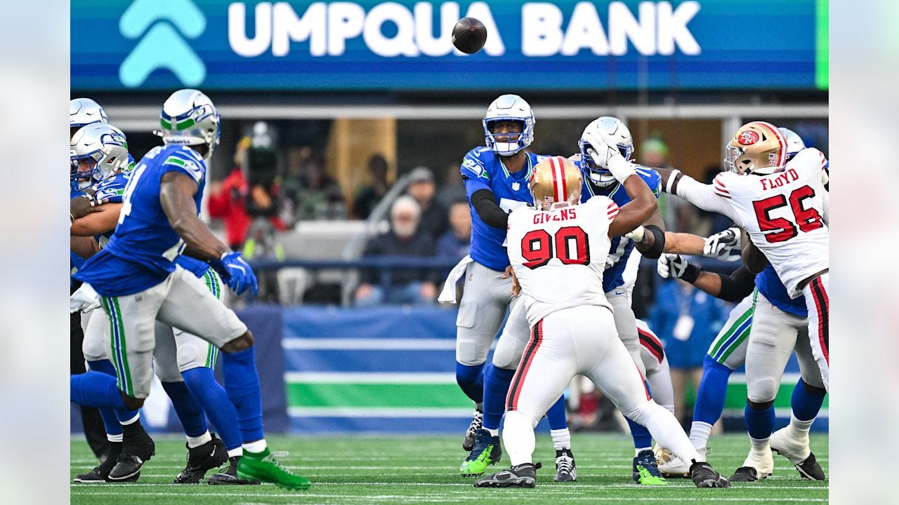 Seahawks quarterback Geno Smith (7) at the Week 6 matchup against the San Francisco 49ers at Lumen Field on Thursday, October 10, 2024.