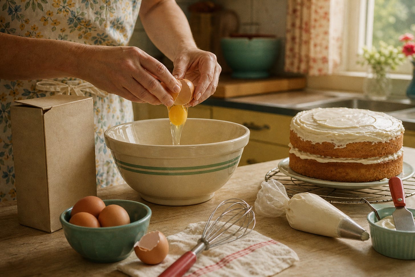 A baker cracking a fresh egg into cake mix. A baker cracking a fresh egg into cake mix.