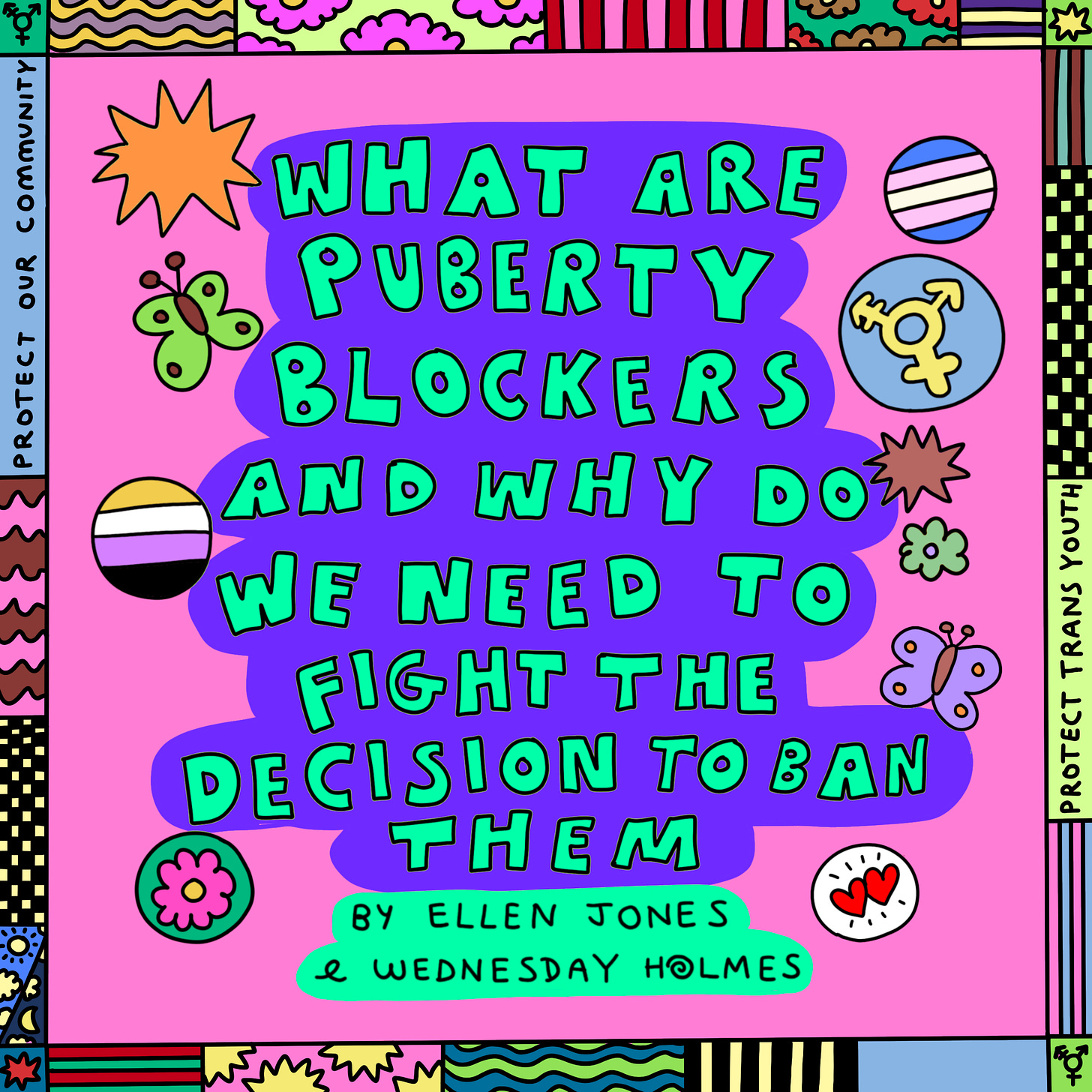 1. An illustration with the text "What are puberty blockers and why do we need to fight the decision to ban them," on a purple and pink background. Below is a byline that reads "By Ellen Jones & Wednesday Holmes." Surrounding elements include flowers, butterflies, and LGBTQ+ pride symbols. The borders display patterned designs and phrases like "Protect our community" and "Protect trans youth”
