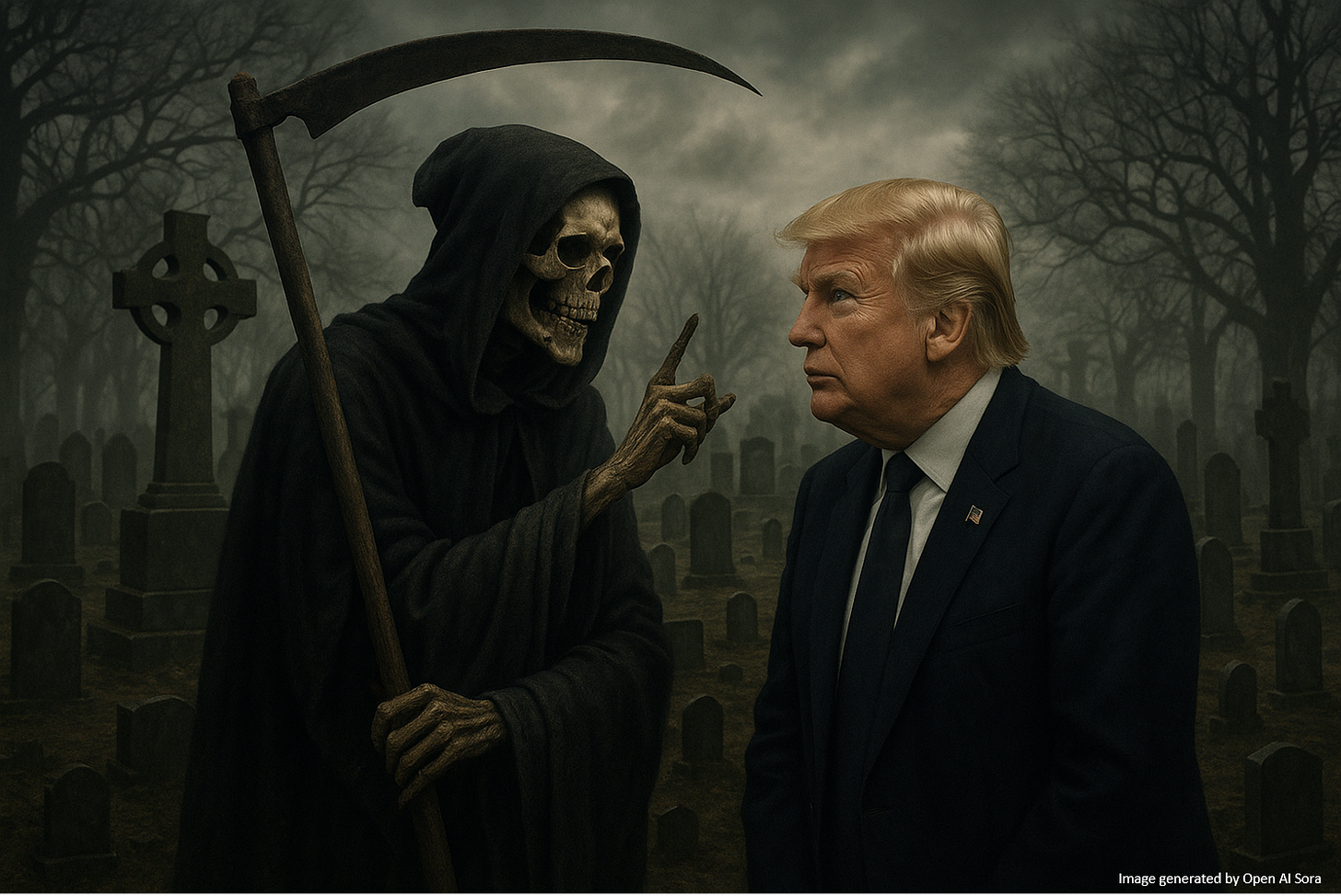 Picture of Donald Trump and Death in a graveyard. Death is instructing Trump, who is paying close attention.