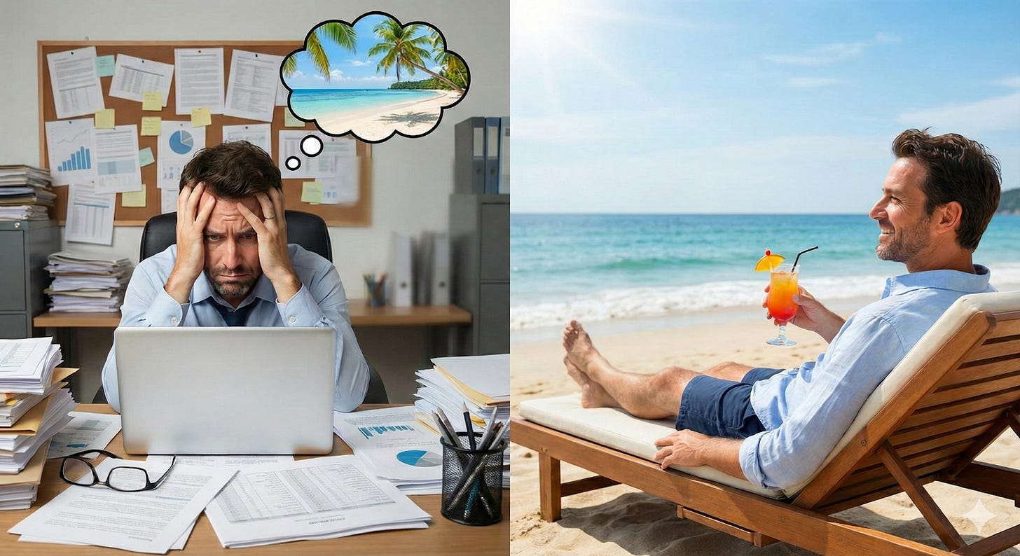 Split image showing a stressed founder at a messy desk and a relaxed person on a beach.