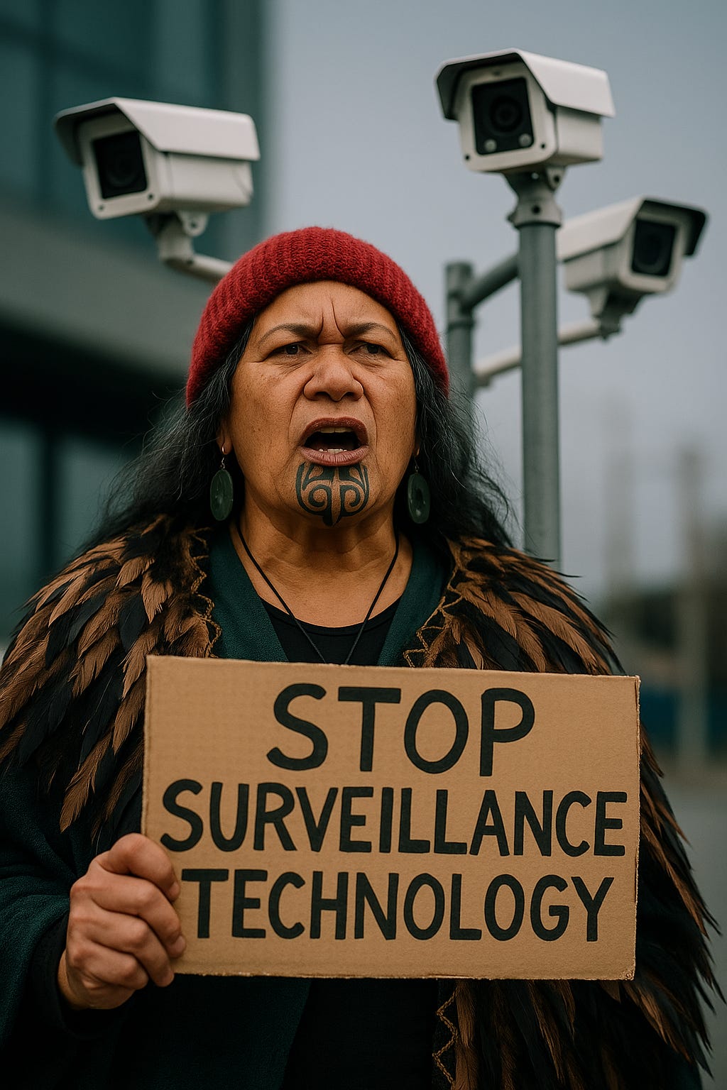 Māori activist protesting digital surveillance and facial recognition technology Māori activist protesting digital surveillance and facial recognition technology
