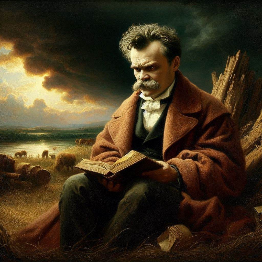 nietzsche reading a book about personality - rembrandt style painting