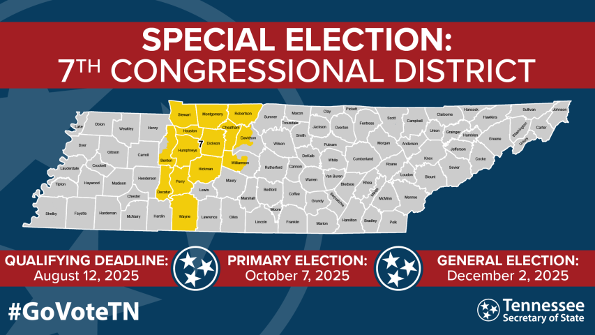 Secretary of State Tre Hargett Provides Timeline for Seventh Congressional  District Special Election | Tennessee Secretary of State