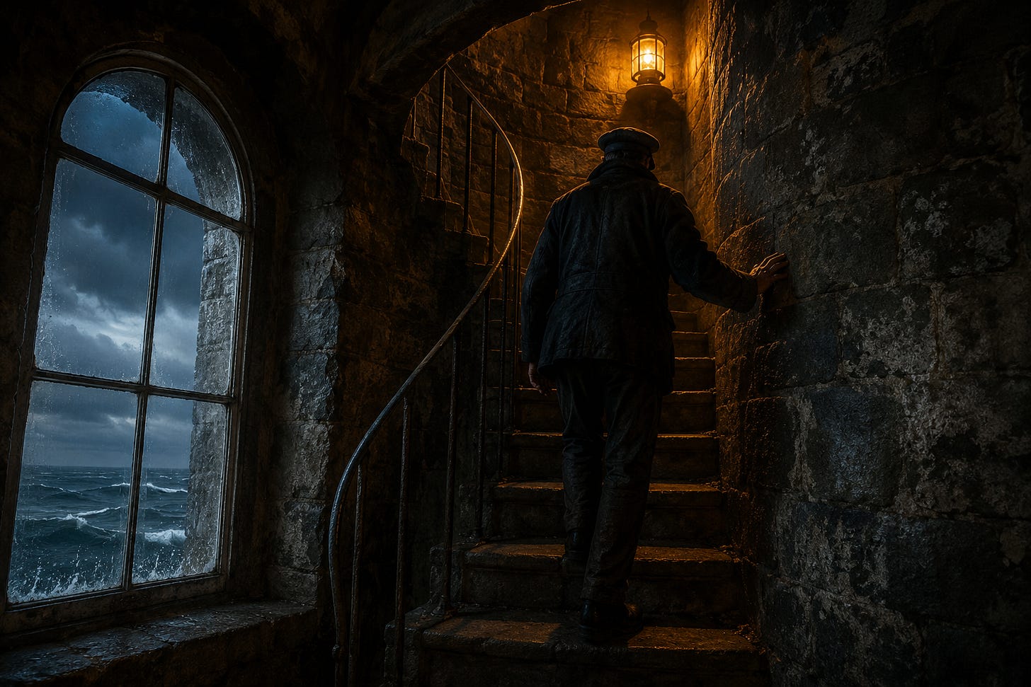 A lighthouse keeper ascends the worn spiral stairs of a stone tower while storm clouds gather beyond a salt-streaked window and a warm flame glows above. A lighthouse keeper ascends the worn spiral stairs of a stone tower while storm clouds gather beyond a salt-streaked window and a warm flame glows above.