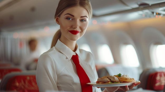 A beautiful flight attendant is serving food on a plane | Premium Photo