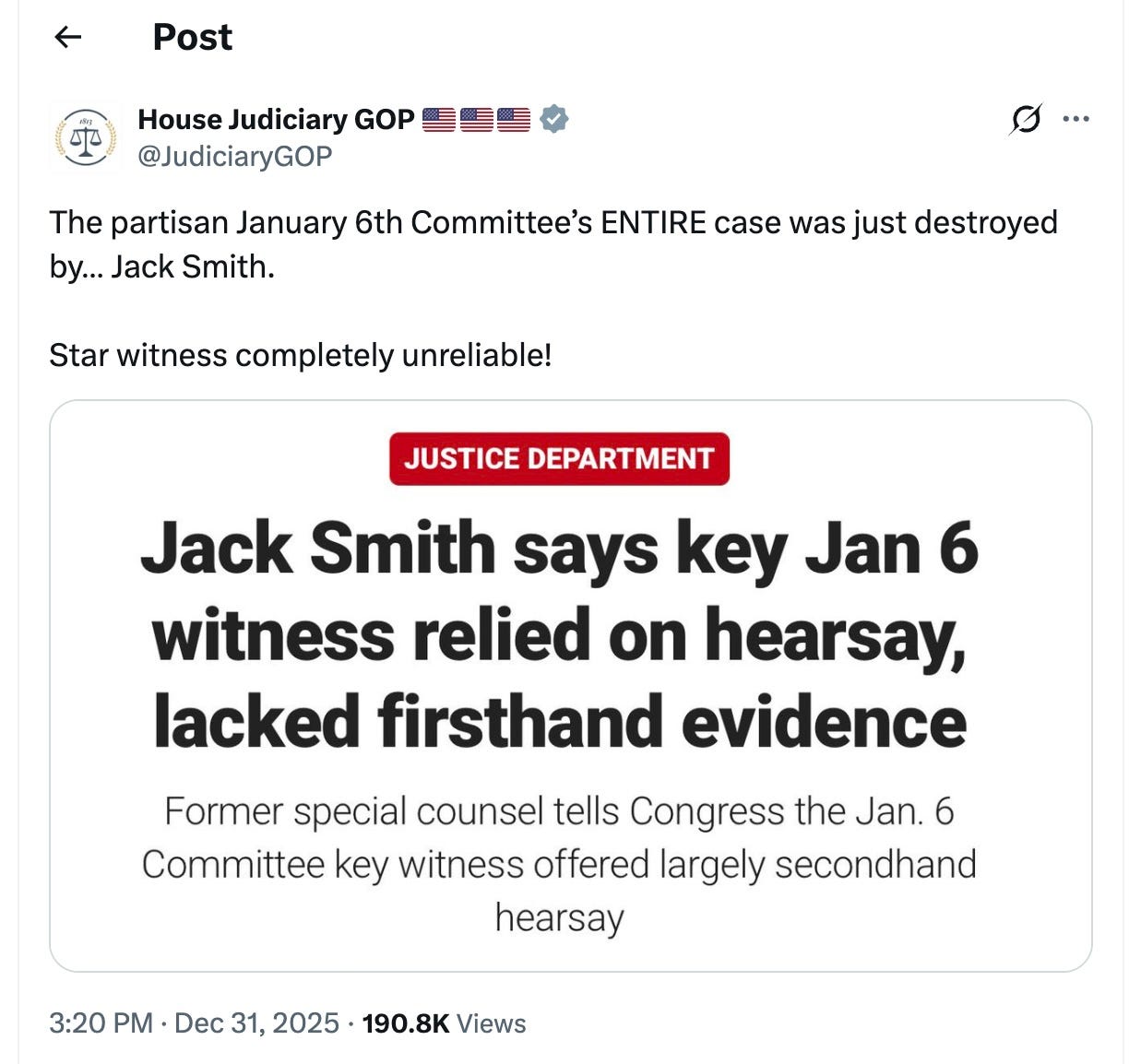 The partisan January 6th Committee’s ENTIRE case was just destroyed by… Jack Smith.  Star witness completely unreliable!
