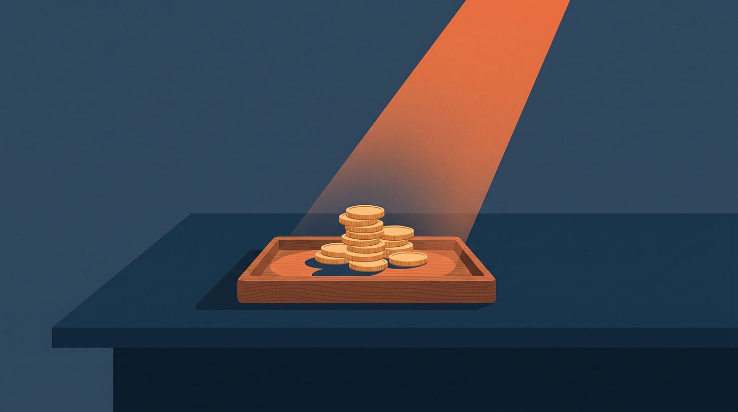 A modest stack of coins in a small wooden tray A modest stack of coins in a small wooden tray
