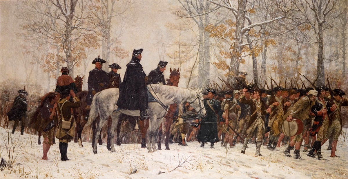 revolutionary soldiers in the snow, some on horseback