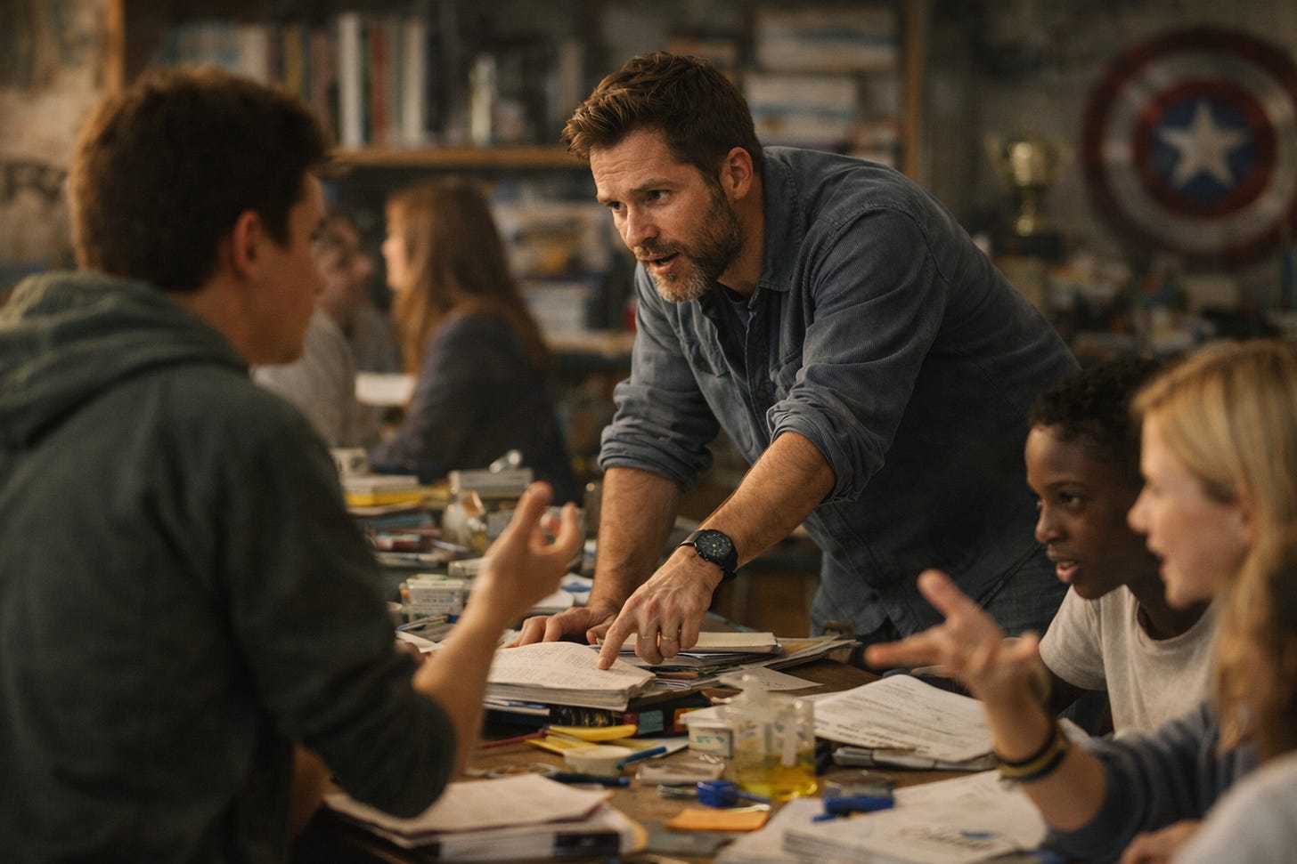 High school teacher working with students in a cluttered, active classroom, with a Teacher of the Year trophy blurred in the background High school teacher working with students in a cluttered, active classroom, with a Teacher of the Year trophy blurred in the background
