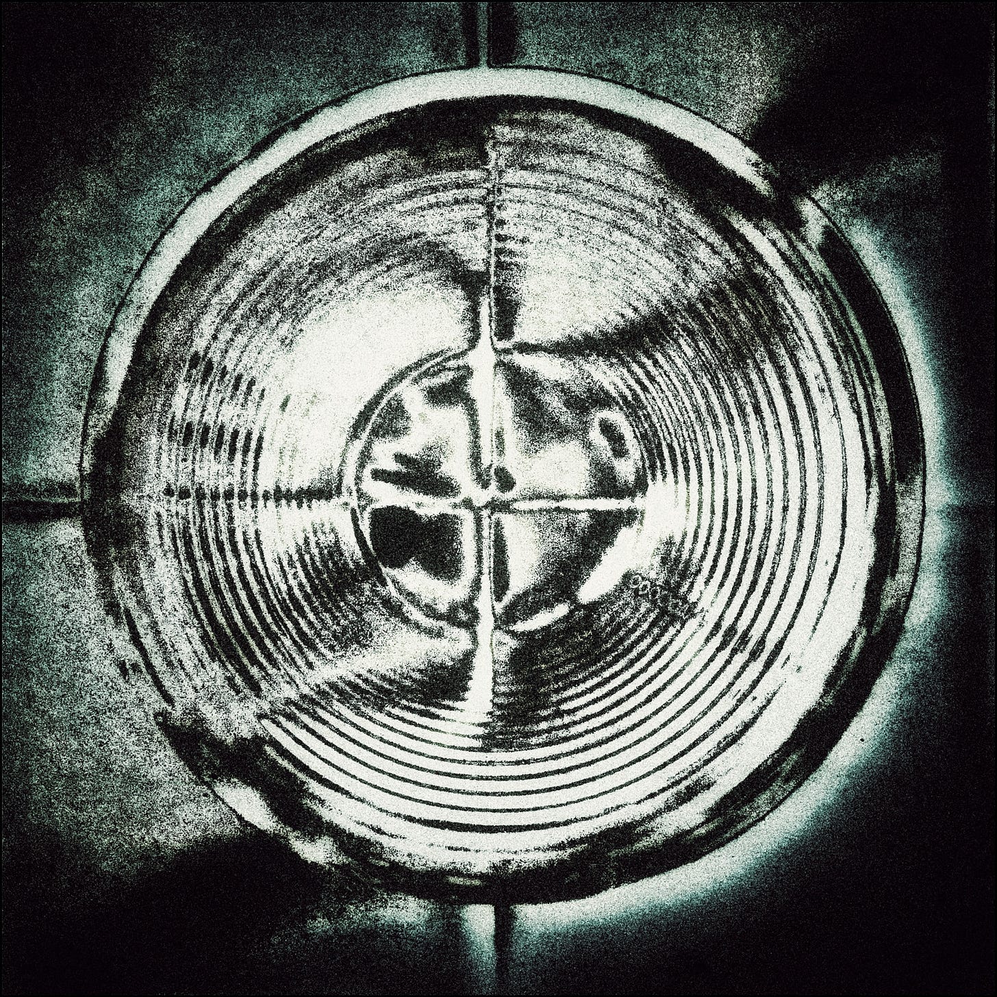 A bllurry black-and-white photo of an unindentifiable circular object -- perhaps the mouth of a pipe. Perpendicular lines intersect at the center of the circle. And although the details aren't clear, there is possibly a highly distorted face in its upper left quadrant...