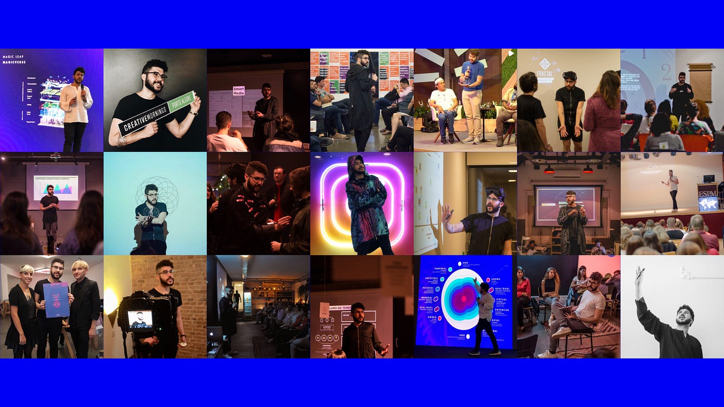Descrição da Imagem: 21 mini fotos do Gustavo Nogueira, homem branco, jovem, cabelos enrolados, barba e óculos. Em algumas ele está sozinho e em outras fotos ele está ministrando palestra ou acompanhado de participantes nos eventos em que está.