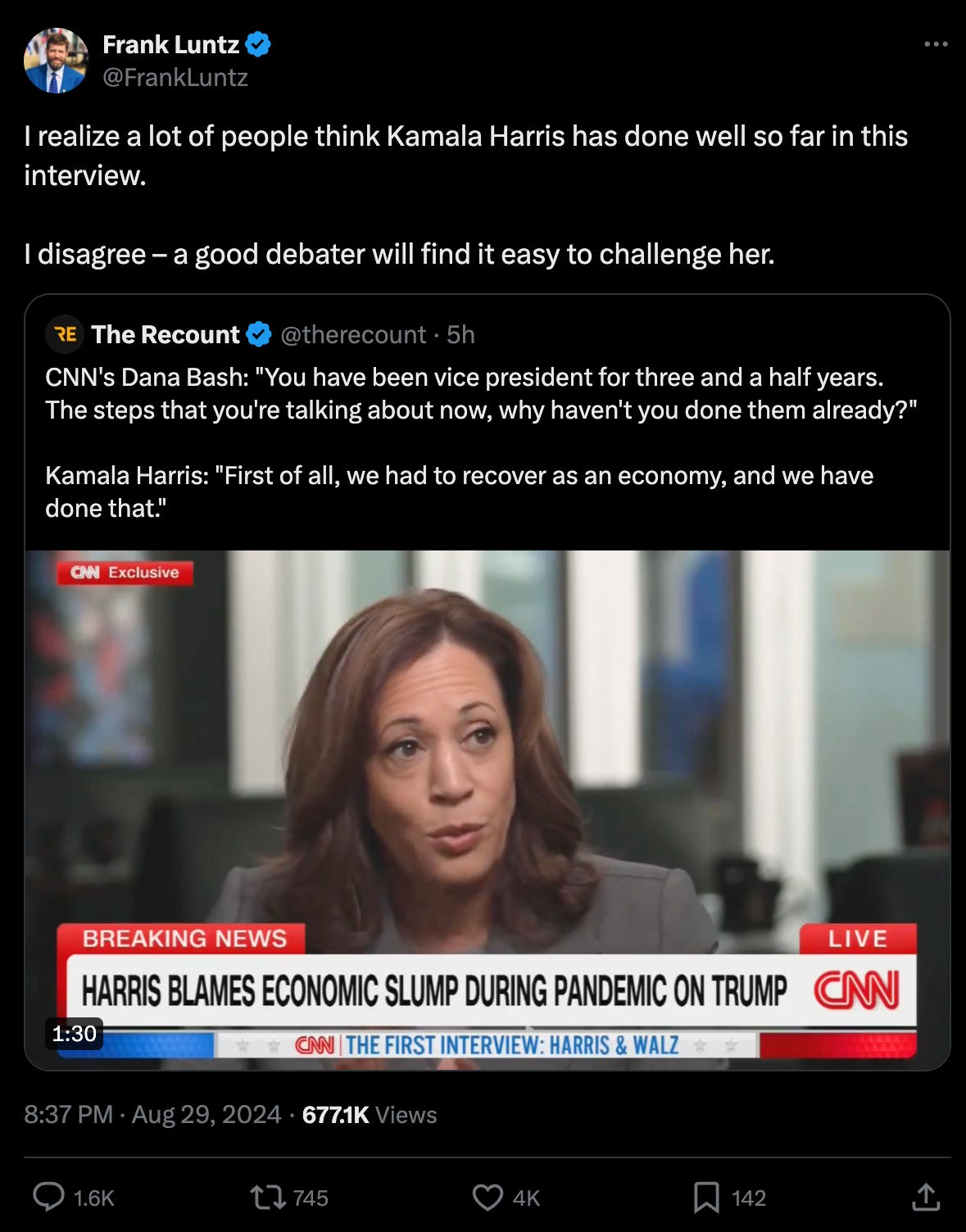 I realize a lot of people think Kamala Harris has done well so far in this interview. I disagree – a good debater will find it easy to challenge her. I realize a lot of people think Kamala Harris has done well so far in this interview. I disagree – a good debater will find it easy to challenge her.