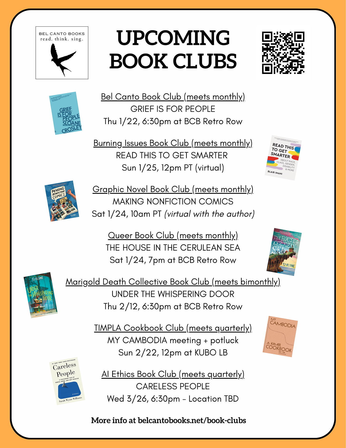 Flyer with dates and books for upcoming Bel Canto Books book club events