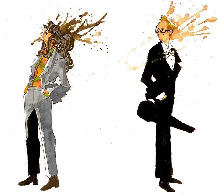 Two people in suits looking upward; one in a gray suit with splashes of brown above, the other in a black tuxedo with orange splashes.