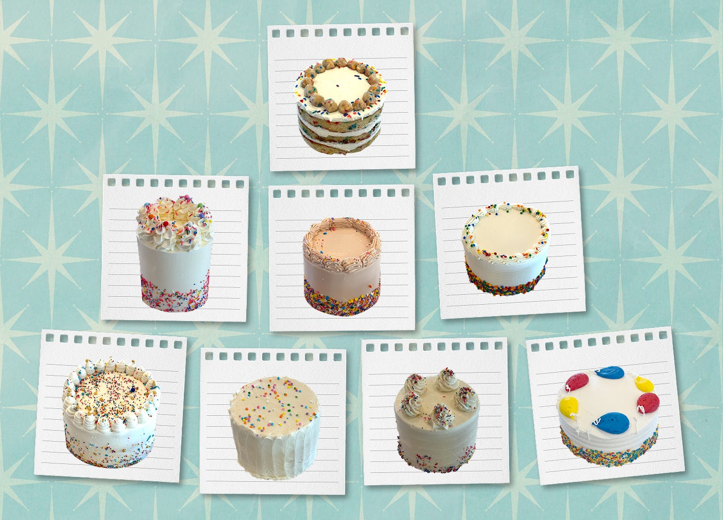 A pyramid of 8 birthday cakes with white frosting and rainbow sprinkles