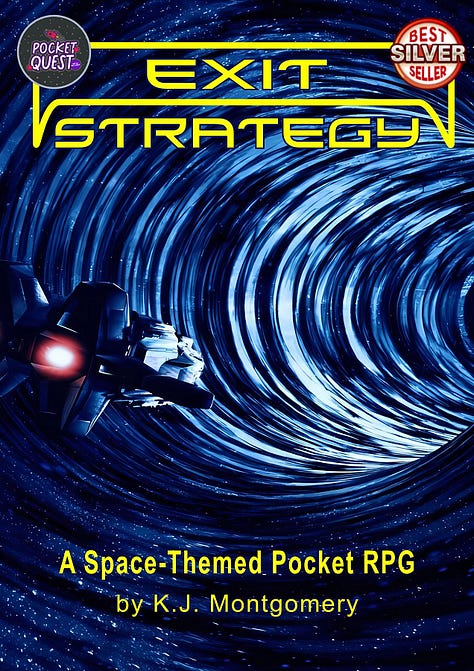 A prison guard stands looking down a long tunnel. A spaceship travels across the galaxy. A white labyrinth on a black background is surronded by a red paint swirl.