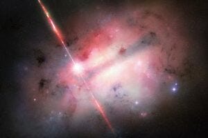 Artist's rendition of GRB 250702B's ultra-relativistic jet (moving at nearly the speed of light) escaping from its dusty, massive host galaxy.