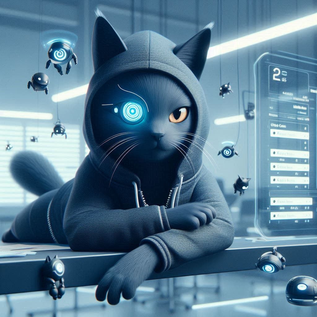 A sleek, intelligent cartoon cat inspired by Kakashi from Naruto. The cat wears a futuristic headset, sits calmly at a command center surrounded by holographic displays and floating screens. It monitors multiple AI agents performing tasks in parallel, exuding quiet confidence and control.