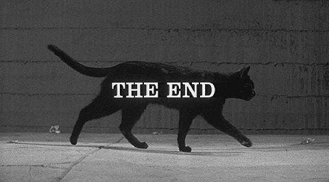 This may contain: a black cat walking across a sidewalk with the word the end on it's back