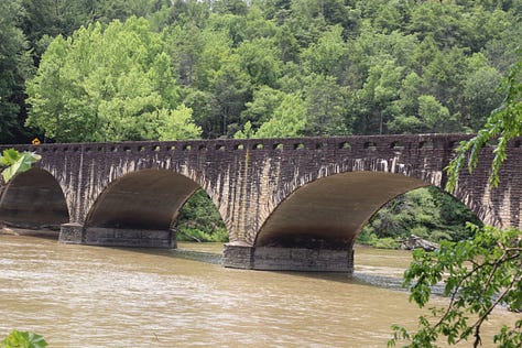 top L-R a rock, a bridge, and tree roots