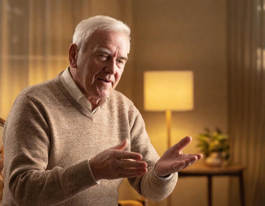 A 72-year-old man gesturing with wrinkled hands, speaking directly to the camera, surrounded by warm, cozy living room furnishings and soft decor.