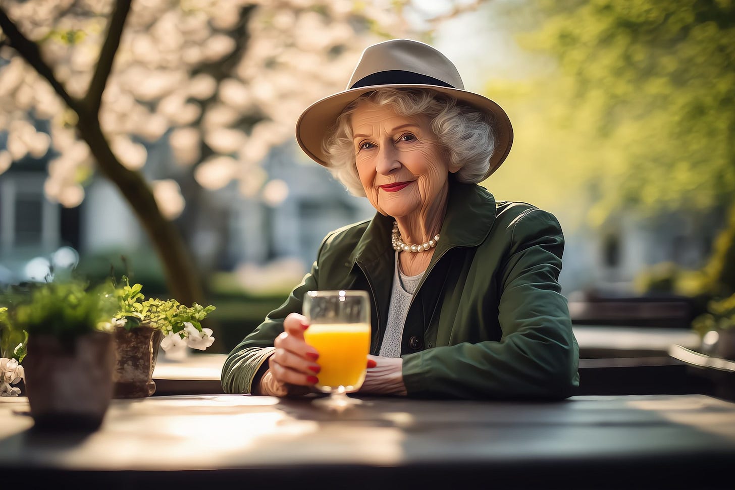 candid photograph, medium shot of an old English woman with curly white hair, wearing a green Barbour jacket and a wide-brimmed hat, sitting at a table in a cafe surrounded by trees in blossom and young green leaves, drinking a glass of orange juice. it is Spring and the sun is warm.